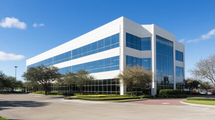 Modern office building with large windows and landscaped surroundings