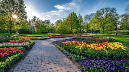 Obraz premium A Symphony of Blooms: A vibrant, meticulously designed garden pathway, flanked by colorful flowerbeds, framed by lush green trees and a clear sky, offers a serene, picturesque view of natural beauty.