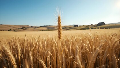 Obraz premium A close-up view of a ripe wheat field stretching to a distant rolling hills.