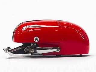 Red vintage stapler on white background