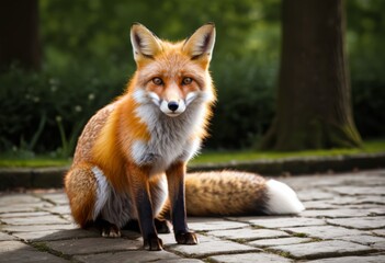 Fototapeta premium A fox sits in a brick walkway in the park