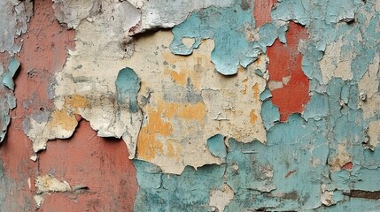 Fototapeta premium Peeling paint and weathered textures: A close-up view unveils the captivating beauty of peeling paint, where layers of color and time create abstract compositions and weathered patterns.