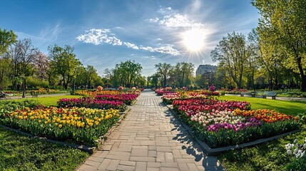 Blossoming Pathways: A vibrant spring scene where colorful flowers line pathways towards the horizon, under a sunny sky, offering a captivating perspective. 