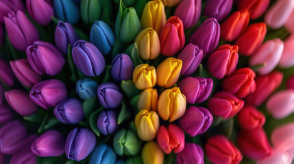 Obraz premium Vibrant tulips in various colors create stunning floral display, showcasing nature beauty and diversity