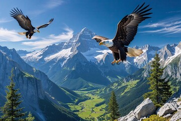 Breathtaking Mountain Landscapes with Majestic Eagles and Vibrant Valleys Under Bright Blue Sky