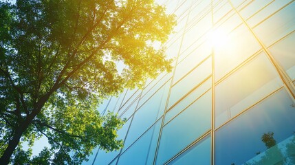 Facade of modern office building reflecting green tree foliage and sunlight