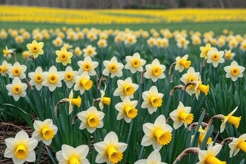 Obraz premium Vibrant Meadow Landscape Featuring Blooming Yellow Daffodils in Natural Beauty