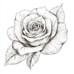 Detailed Sketch of a Classic Rose Flower with Elegant Petals and Leaves in Black and White for Artistic Purposes