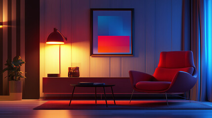 Stylish Modern Cozy Living Room with Neon Light, Chair, Television, and Tropical Plants: Ideal for Zoom Virtual Meetings and YouTube Digital Fashion & Beauty Channel Background, Perfect Modern Studio