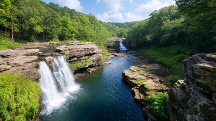 Two waterfalls cascading over rocky cliffs into a serene river valley, surrounded by lush green forests