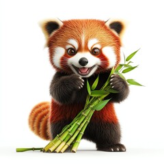 A cheerful red panda enjoying a snack of bamboo, exuding cuteness and playful energy.