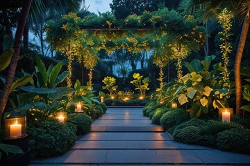 Romantic Night Atmosphere with Lush Greenery Bright Foliage and Enchanting Botanical Views