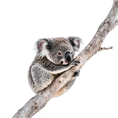 Obraz premium A cute koala bear on tree branch, isolated on transparent background.