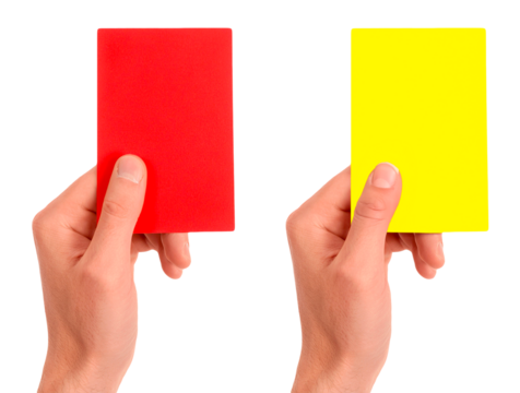 hand holding a yellow and red card isolated on white background