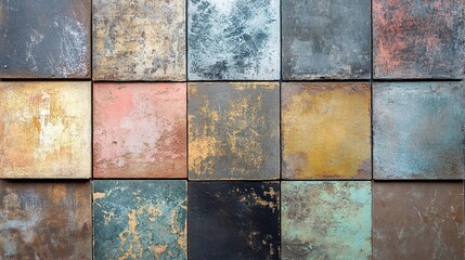 Rustic Tile Montage: A close-up captures the textures of assorted, square tiles. Each tile tells its own unique story through a palette of warm, weathered, and time-worn surfaces.