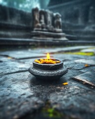 Sacred flame ritual ancient temple photography misty environment close-up view spiritual reflection