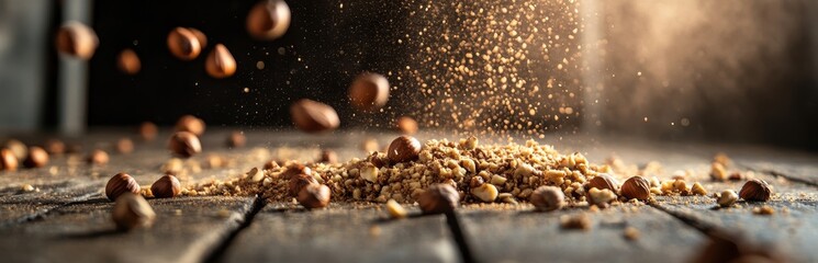 Fototapeta premium Nuts and crumbs scatter across a rustic wooden surface, bathed in warm, golden light.