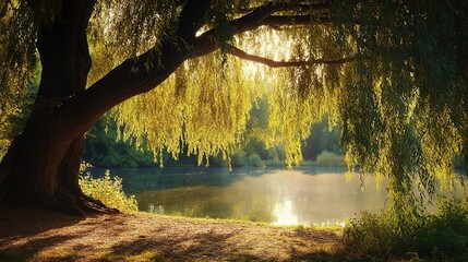Tranquil Scene: A serene, sun-dappled lake scene beneath a graceful, ancient willow tree, reflecting the beauty of nature and tranquility.
