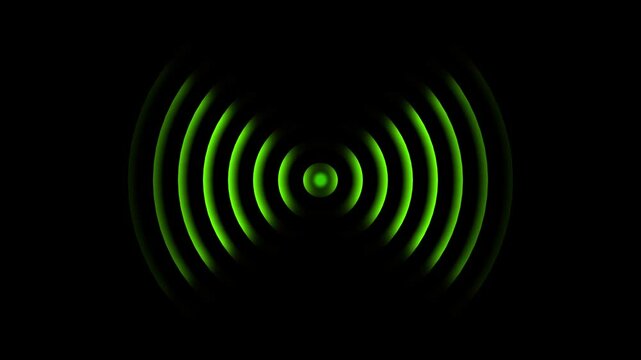 Radio waves, circle radar interface signal with concentric rings. Abstract neon circle radio waves black background.