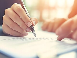 Woman signing document, office, sunlight