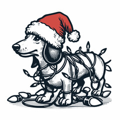 Dachshund dog wearing a Santa hat tangled in Christmas lights a minimalist vector outline drawing of a festive pup.