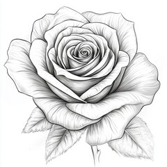 Detailed Artistic Illustration of a Single Rose Flower with Intricate Petals and Leaves in Black and White