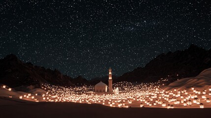 Obraz premium Ramadan Night Desert Mosque Lanterns Starscape