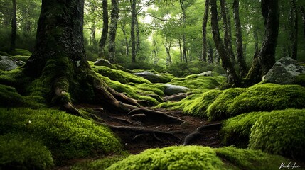 Obraz premium 66. A peaceful forest setting where moss grows on tree roots and rocks, intricate textures creating a serene and tranquil atmosphere