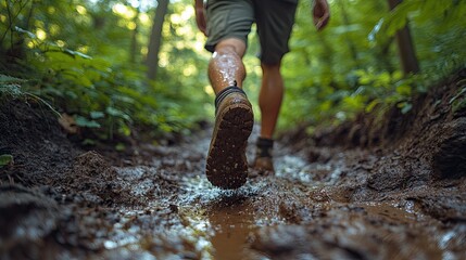 Hiking through a muddy forest trail.  Close-up view of a person's legs and hiking boots walking through a muddy path in a lush forest