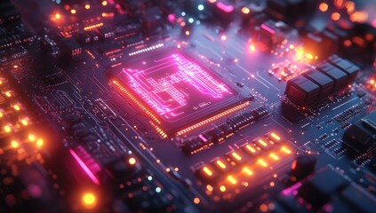 Obraz premium Abstract background composed of neon circuit boards and technological elements