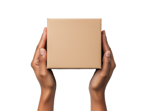 Hands Holding a Brown Cardboard Box Against White Background: Minimalist Packaging and Delivery Concept