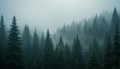 Misty Evergreen Forest Landscape with Dense Fog and Pine Trees