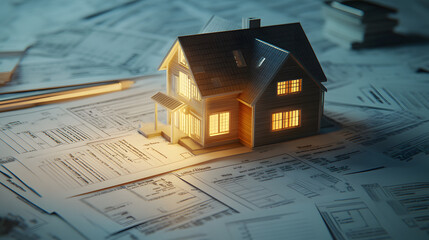 model house illuminated from within sits atop pile of tax documents and mortgage calculations, symbolizing financial planning and real estate investment