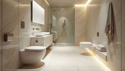Modern Luxury Bathroom Design with Beige Marble and Wall Hung Toilet