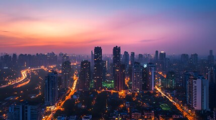 Fototapeta premium A city skyline at dusk with a beautiful orange and pink sky. The city is lit up with lights, creating a warm and inviting atmosphere