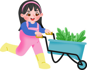 Cartoon Girl Gardening with Wheelbarrow Illustration