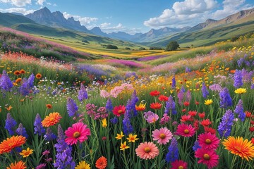 Obraz premium Colorful Flower Meadow Landscape with Diverse Blossoms