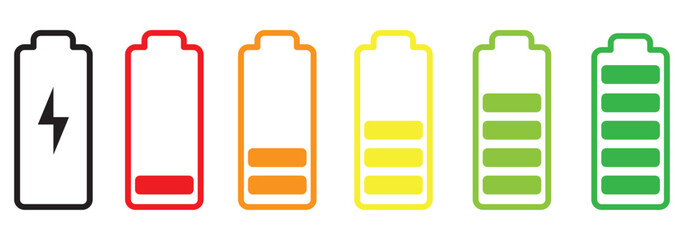 Battery fast charging features and issues icon set in and colorful and Black variety Design. Battery symbols with low, medium and plus tick and full charge signs. EPS 10
