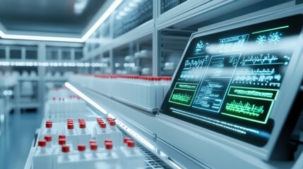 Obraz premium Modern logistics teaching materials and articles. Modern Medical Laboratory with Data Monitor and Test Tubes