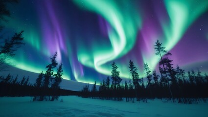 Obraz premium Mesmerizing Northern Lights with Swirling Green and Purple Waves Over Snowy Forest, Showcasing Nature's Breathtaking Aurora Borealis Spectacle