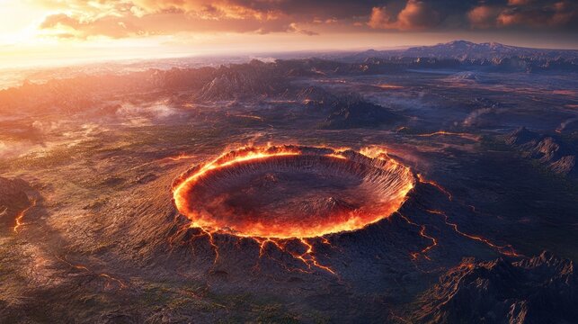 Ancient asteroid crater with glowing edges, showcasing dramatic climate shifts and prehistoric impact.
