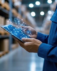 Modern logistics teaching materials and articles. Person Using Digital Tablet in a Warehouse Setting