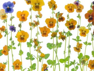 Fototapeta premium A large number of pansies in various colors, growing along the bottom edge on long stems, against a white background, arranged from left to right, creating an illusion that they fill up the frame. 