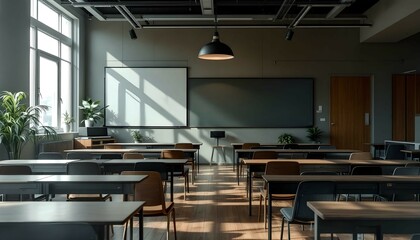 Modern Classroom Interior Design with Wooden Desks and Blackboard