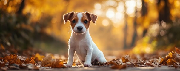 Adorable Jack Russell Terrier puppy sitting on a leafy path during a golden autumn day.