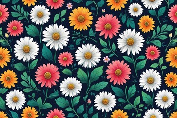Lively Spring Floral Design Featuring Blooming Daisies and Leafy Seamless Texture Background