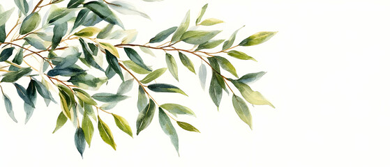 Fototapeta premium Green leaves branch, white background, nature