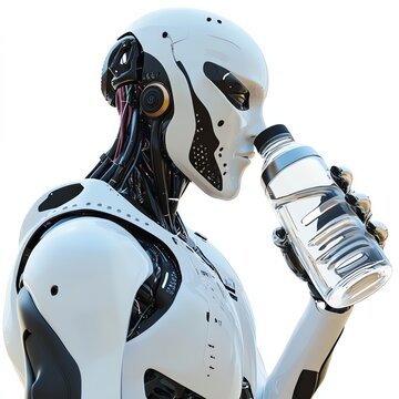 A futuristic robot drinking water from a transparent bottle, showcasing advanced design and interaction.