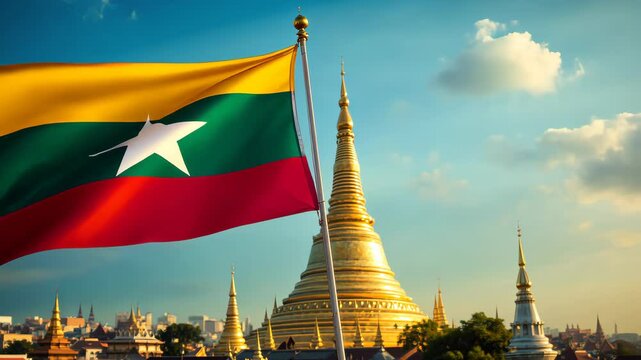Myanmar's Golden Heritage: A vibrant view of Myanmar's iconic golden pagoda shimmers in the sunlight, the national flag waves proudly in the foreground, symbolizing the country's heritage and culture.