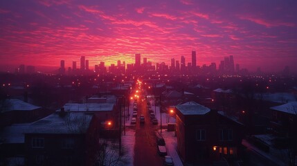 Fototapeta premium Pink Cityscape Sunrise: Aerial View of Suburban Winter Streets and a Vibrant Dawn over the City Skyline